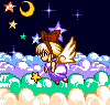 Image of a pixel-art fairy flying above the clouds at night